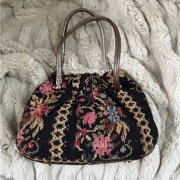 Vintage Tapestry Bag with Double Strap Handles KISS Lock Closure - Picture 1 of 9
